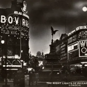 Neon Lights of Piccadilly Circus Print, London circa 1950s Neon Lights of Piccadilly Circus Print, London circa 1950s