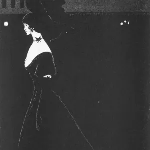 Black silhouette of a woman in an almost entirely black print Black silhouette of a woman in an almost entirely black print