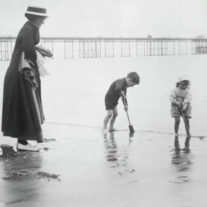 Beach Scene Print 1912 - Mother and Children on the Coast Beach Scene Print 1912 - Mother and Children on the Coast