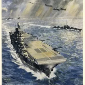 Print of an Illustrious class aircraft carrier with escorts and aircraft Print of an Illustrious class aircraft carrier with escorts and aircraft