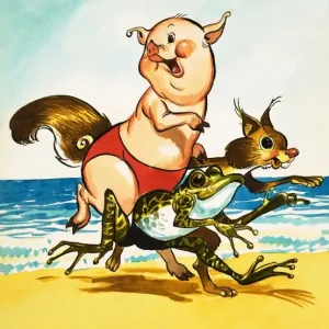 Pig, Frog and Squirrel Print on Beach Scene Pig, Frog and Squirrel Print on Beach Scene