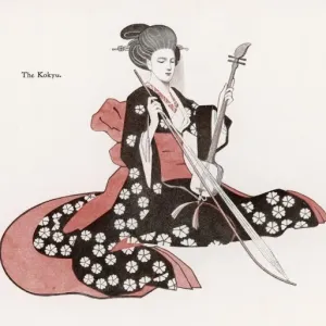 Print of a Japanese musician playing the KOKYU