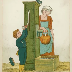 Print of Polly Filling Kettle at the Pump