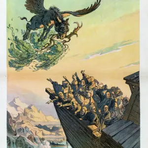 Print of a dove returning to an ark with Democratic figures Print of a dove returning to an ark with Democratic figures