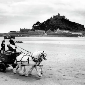 Shire Horses and Cart on Marazion Beach Print, Cornwall Shire Horses and Cart on Marazion Beach Print, Cornwall