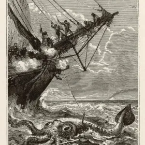 Print of Verne's giant squid attack from Mary Evans Print of Verne's giant squid attack from Mary Evans