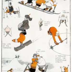 W. Heath Robinson Cartoon: Early Skiing Variations in Switzerland, Print W. Heath Robinson Cartoon: Early Skiing Variations in Switzerland, Print