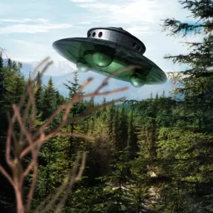 Alien Spaceship Print over a Forest Landscape Alien Spaceship Print over a Forest Landscape