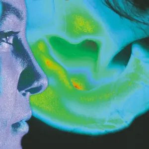 Computer-enhanced view of a woman's face in profile with an ear pinna print Computer-enhanced view of a woman's face in profile with an ear pinna print