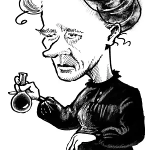 Print of a caricatured Marie Curie holding a round bottomed flask