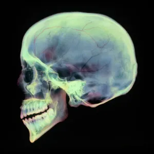 Coloured X-ray Print of a Human Skull in Sagittal Section Coloured X-ray Print of a Human Skull in Sagittal Section