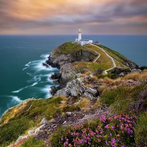 South Stack Lighthouse at sunset, Anglesey, Holy Island, Wales, Great Britain, United Kingdom