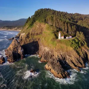 Aerial View Over Haceta Head Lighthouse & Coastline, Oregon, USA Aerial View Over Haceta Head Lighthouse & Coastline, Oregon, USA