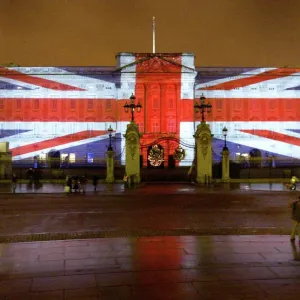 Print of a union flag projected onto Buckingham Palace in London Print of a union flag projected onto Buckingham Palace in London