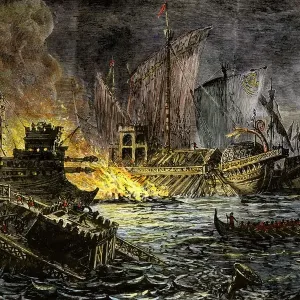 Hand-colored woodcut print of the Battle of Actium Hand-colored woodcut print of the Battle of Actium