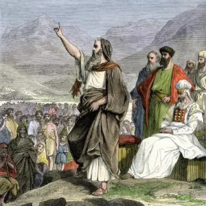 Hand-colored woodcut print of Moses reciting the Ten Commandments Hand-colored woodcut print of Moses reciting the Ten Commandments