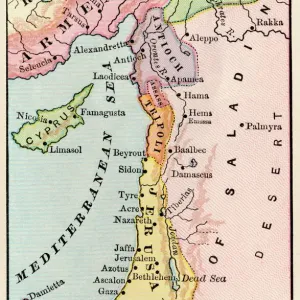 Middle East Print, Color Lithograph Map of the Crusades Era Middle East Print, Color Lithograph Map of the Crusades Era