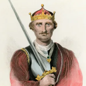 Hand-colored engraving print of William the Conqueror holding a sword Hand-colored engraving print of William the Conqueror holding a sword
