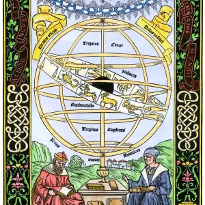 Hand-colored woodcut print of Ptolemy's earth-centered cosmology Hand-colored woodcut print of Ptolemy's earth-centered cosmology