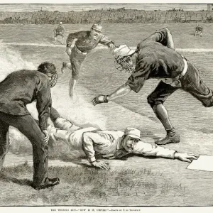 BASEBALL GAME, 1885. New York Giants catcher William Buck Ewing slides home safely under Chicago White Stockings catcher Silver Flint to score the winning run in a 1-0 game at the Polo Grounds, New York, 6 August 1885. Wood engraving after Thure de Thulst BASEBALL GAME, 1885. New York Giants catcher William Buck Ewing slides home safely under Chicago White Stockings catcher Silver Flint to score the winning run in a 1-0 game at the Polo Grounds, New York, 6 August 1885. Wood engraving after Thure de Thulst
