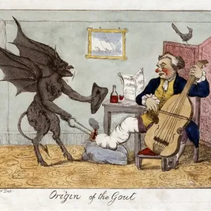 Print of an upper-class man playing the cello with a gouty leg
