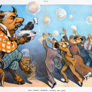 JOHN PIERPONT MORGAN (1837-1913). Burbujas de Wall Street - Siempre lo mismo : J. P. Morgan como un toro de Wall Street que infla burbujas de acciones infladas para inversores ansiosos: litografía estadounidense, 1901. JOHN PIERPONT MORGAN (1837-1913). Burbujas de Wall Street - Siempre lo mismo : J. P. Morgan como un toro de Wall Street que infla burbujas de acciones infladas para inversores ansiosos: litografía estadounidense, 1901.
