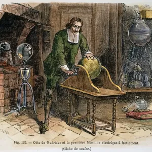 GENERADOR DE GUERICKE c1663. Otto von Guericke trabajando su generador electroestático, c1663. Grabado coloreado francés, siglo XIX. GENERADOR DE GUERICKE c1663. Otto von Guericke trabajando su generador electroestático, c1663. Grabado coloreado francés, siglo XIX.