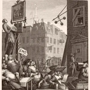 HOGARHT: BIERSTRASSE. Bierstrasse und Gin-Lane. Stahlstechung aus dem Jahr 1860 nach der Originalzeichnung von William Hogarth