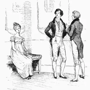 Print of Elizabeth Bennet overhearing Mr. Darcy at the Ball from a 1894 edition of Pride and Prejudice Print of Elizabeth Bennet overhearing Mr. Darcy at the Ball from a 1894 edition of Pride and Prejudice