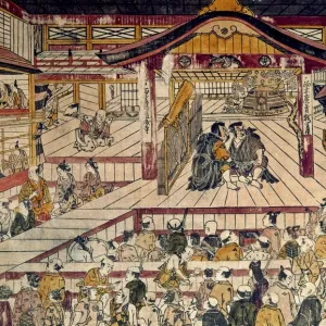 Early 18th-century wood block print of a Kabuki theater scene Early 18th-century wood block print of a Kabuki theater scene