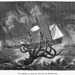Kraken Attacking a Ship, Wood Print Kraken Attacking a Ship, Wood Print