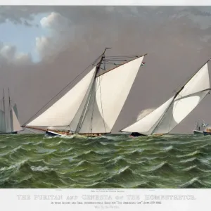 LE CUP AMÉRICAIN, 1885. Le vainqueur américain, Puritan avec le défi anglais Genesta sur la ligne d'arrivée de leur deuxième et dernière course internationale le 16 septembre 1885. Lithographie en couleur par Currier & Ives, v. 1885 LE CUP AMÉRICAIN, 1885. Le vainqueur américain, Puritan avec le défi anglais Genesta sur la ligne d'arrivée de leur deuxième et dernière course internationale le 16 septembre 1885. Lithographie en couleur par Currier & Ives, v. 1885