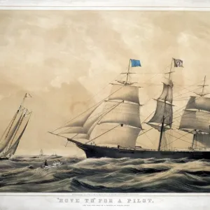 NAVIRE À VOILE CLIPPER ADELAIDE. Amarré pour un pilote. Lithographie, 1856, par Nathaniel Currier. NAVIRE À VOILE CLIPPER ADELAIDE. Amarré pour un pilote. Lithographie, 1856, par Nathaniel Currier.