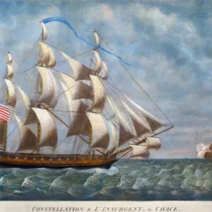 NEVIS : CONSTELLATION, 1799. La frégate américaine USS Constellation (à gauche) se dirige vers L'Insurgente en face de l'île de Nevis dans les îles du Vent le 9 février 1799 pendant la guerre non déclarée avec la France : aquatinte contemporaine. NEVIS : CONSTELLATION, 1799. La frégate américaine USS Constellation (à gauche) se dirige vers L'Insurgente en face de l'île de Nevis dans les îles du Vent le 9 février 1799 pendant la guerre non déclarée avec la France : aquatinte contemporaine.