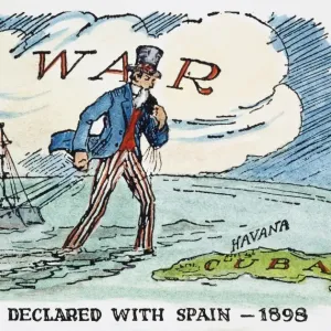 Print of Uncle Sam towing battleships to Cuba Print of Uncle Sam towing battleships to Cuba