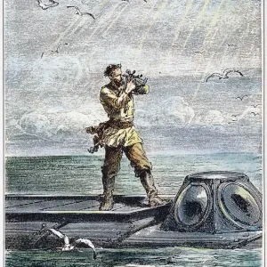 Wood engraving print of Captain Nemo on the Nautilus Wood engraving print of Captain Nemo on the Nautilus