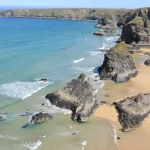 Print of The Bedruthan Steps at low tide, Thrift in bloom Print of The Bedruthan Steps at low tide, Thrift in bloom