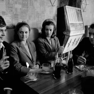 Jim Maclaine with friends in a coffee bar Print Jim Maclaine with friends in a coffee bar Print