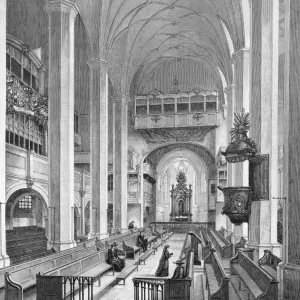19th Century Print of St. Thomas Church Interior in Leipzig, Germany