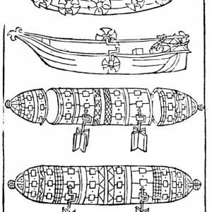 Woodcut Print of Paddle Boats and Submarines Woodcut Print of Paddle Boats and Submarines