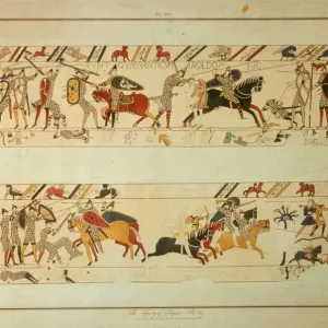 La scena della Tapestoria di Bayeux - Re Haroldo II (circa 1022 - 1066) viene ucciso. La scena della Tapestoria di Bayeux - Re Haroldo II (circa 1022 - 1066) viene ucciso.