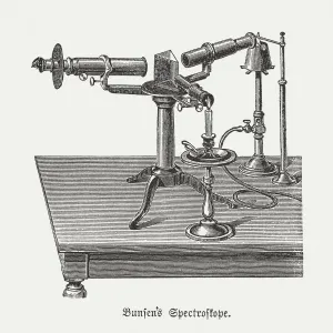 Wood engraving print of a spectroscope, published in 1880 Wood engraving print of a spectroscope, published in 1880