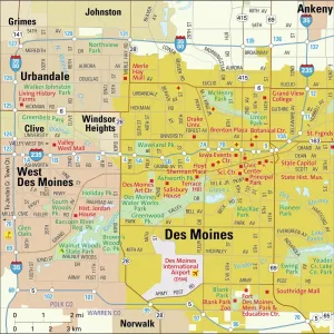 Mapa del área de Des Moines. Mapa del área de Des Moines.