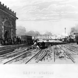 Print of Crewe Station, a rural railway hub in 1837