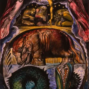 Les formes démoniaques de Behémoth et de Léviathan telles que visualisées par William Blake dans son illustration. Les formes démoniaques de Behémoth et de Léviathan telles que visualisées par William Blake dans son illustration.