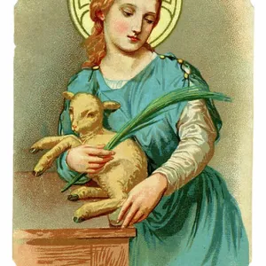 Fromme Darstellung: Abbildung der Heiligen Agnes, Jungfräuliche Märtyrerin unter Diokletian, mit Palme und Lamm. Chromolithographie. Fromme Darstellung: Abbildung der Heiligen Agnes, Jungfräuliche Märtyrerin unter Diokletian, mit Palme und Lamm. Chromolithographie.