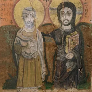 Ikon darstellend Abbots Mena mit Christus aus Baouit, 6. - 7. Jahrhundert (Tempera auf Holz)