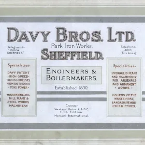 Annonce pour Davy Bros Ltd, Ingénieurs et chaudronniers, Usine de fer Park, Sheffield, c. 1900. Annonce pour Davy Bros Ltd, Ingénieurs et chaudronniers, Usine de fer Park, Sheffield, c. 1900.