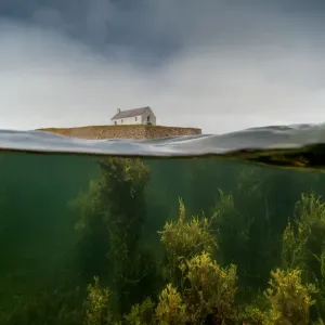 Split Level Print of St Cwyfan Chapel at High Tide Split Level Print of St Cwyfan Chapel at High Tide