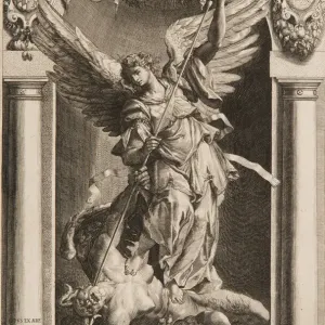 Der Erzengel Michael besiegt Satanas in einer Ecke, 1588 oder später. Schöpfer: Lucas Kilian
